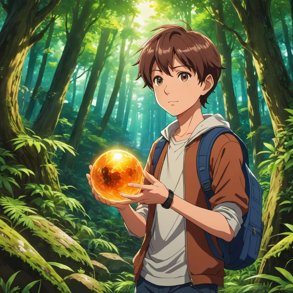 a boy holding a gold ball in a forest with trees in the background and sunlight shining through the trees, environmental art, concept art, Ai-Mitsu, official art