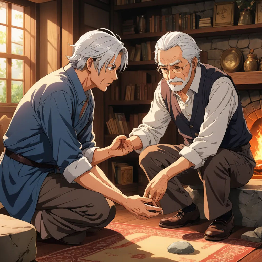 two older men sitting on a rug in front of a fireplace in a room with a rug on the floor, sots art, a storybook illustration, Anne Said, official art