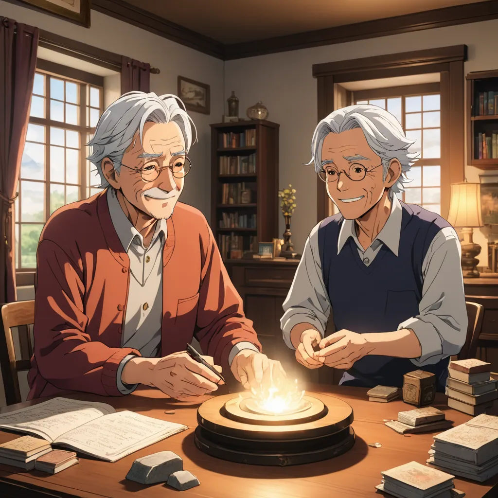 two older people sitting at a table with a lit candle in front of them, with books on the table, rayonism, poster art, Don Bluth, official art