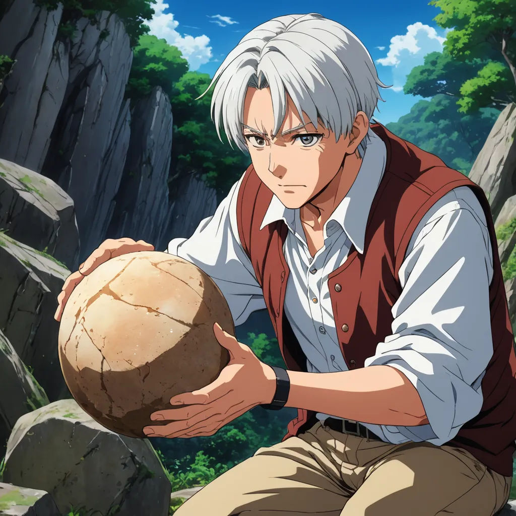 a man holding a large rock in his hands with a forest in the background and a sky in the background, fine art, a stock photo, Armin Hansen, official art