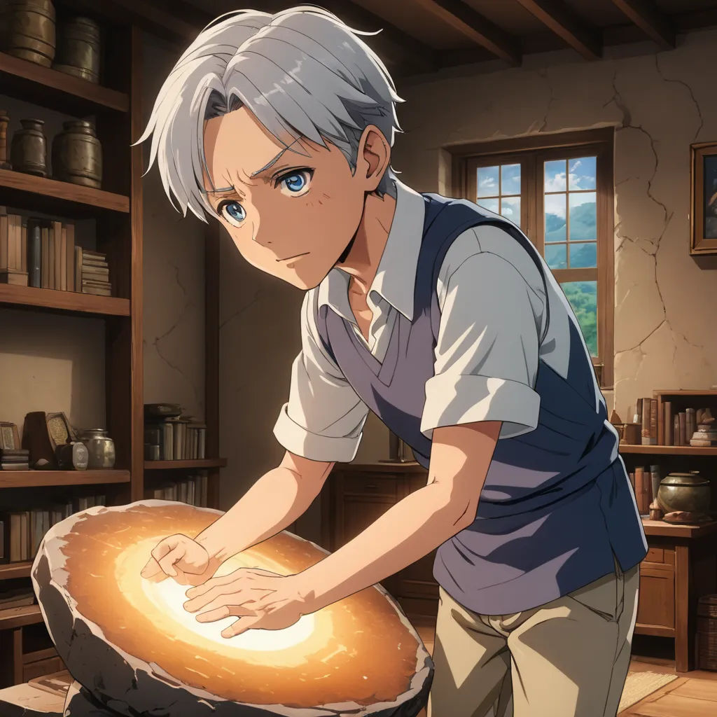 a man holding a large round object in a room with shelves and a window behind him, with a person standing over a large object, remodernism, concept art, Armin Hansen, official art