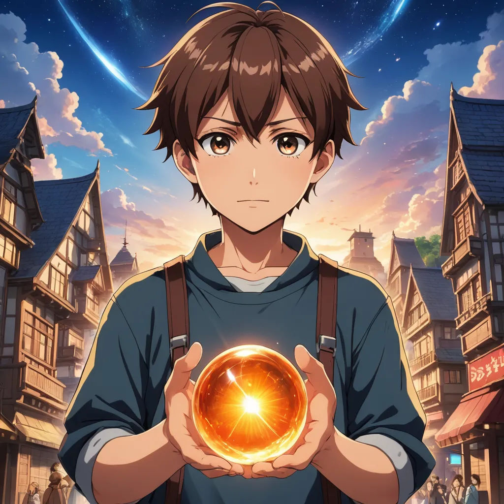 a man holding a golden ball in his hands in front of a cityscape with a sky background, sots art, poster art, Ai-Mitsu, anime key visual