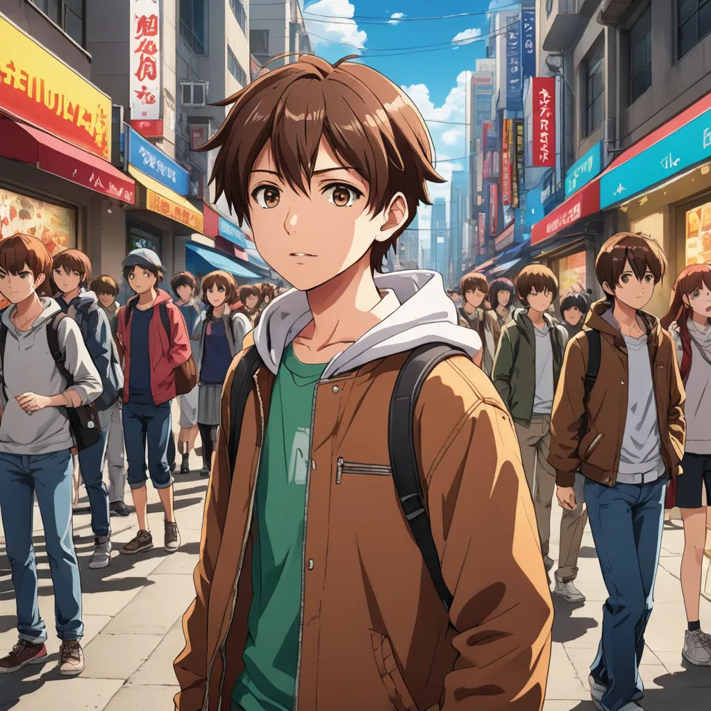 a man standing in front of a crowd of people on a street with buildings in the background and a woman standing in front of a crowd, sots art, concept art, Ai-Mitsu, official art