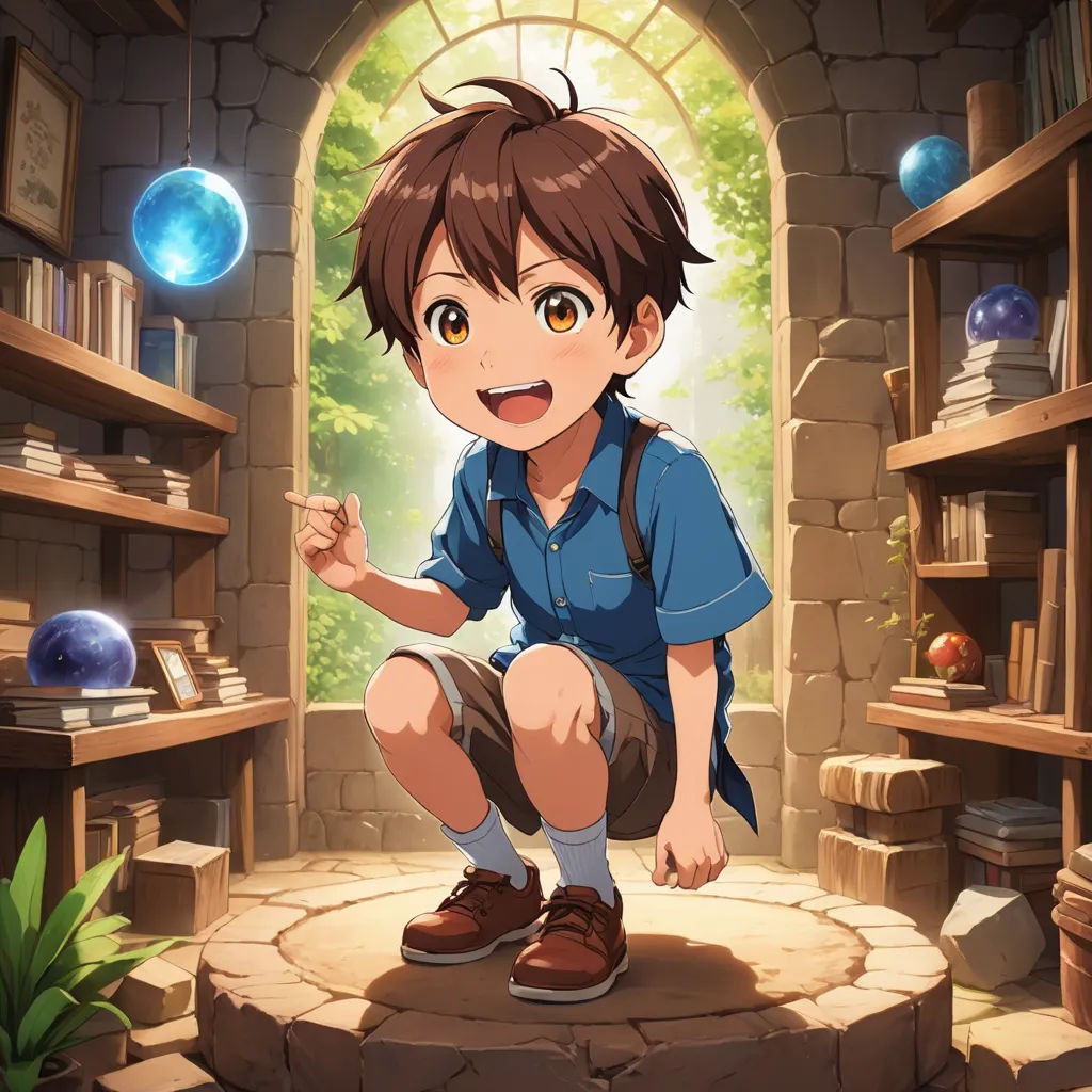 a boy is sitting on a stone platform in a room with a window and shelves full of books and a plant, sots art, concept art, Bob Ross, official art