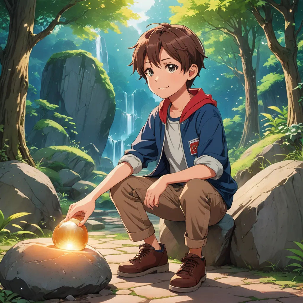 a boy sitting on a rock with a glowing ball in his hand in front of a forest with a waterfall, environmental art, concept art, Adam Manyoki, official art