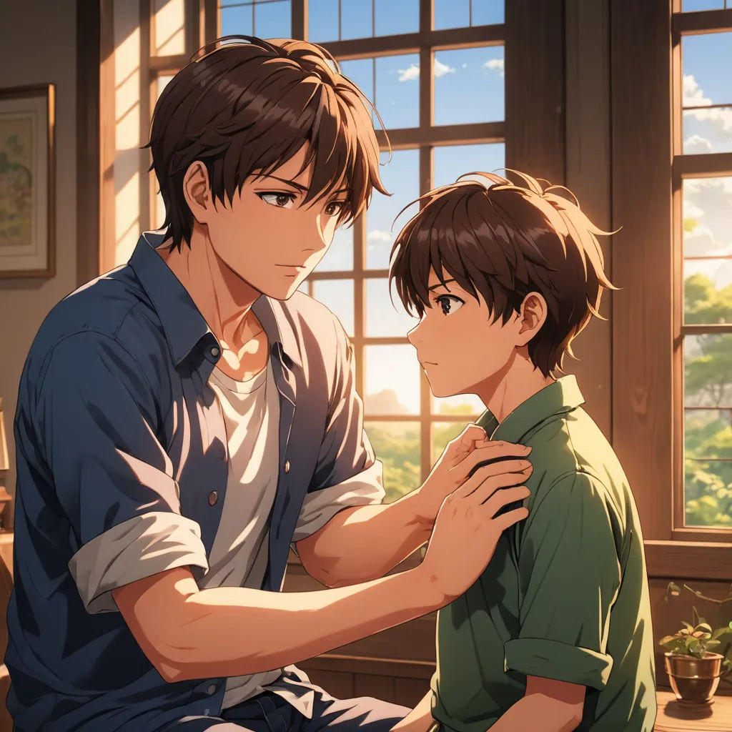 a man helping a boy tie his tie in front of a window with a view of the outside of the city, sots art, a painting, Brothers Hildebrandt, official art