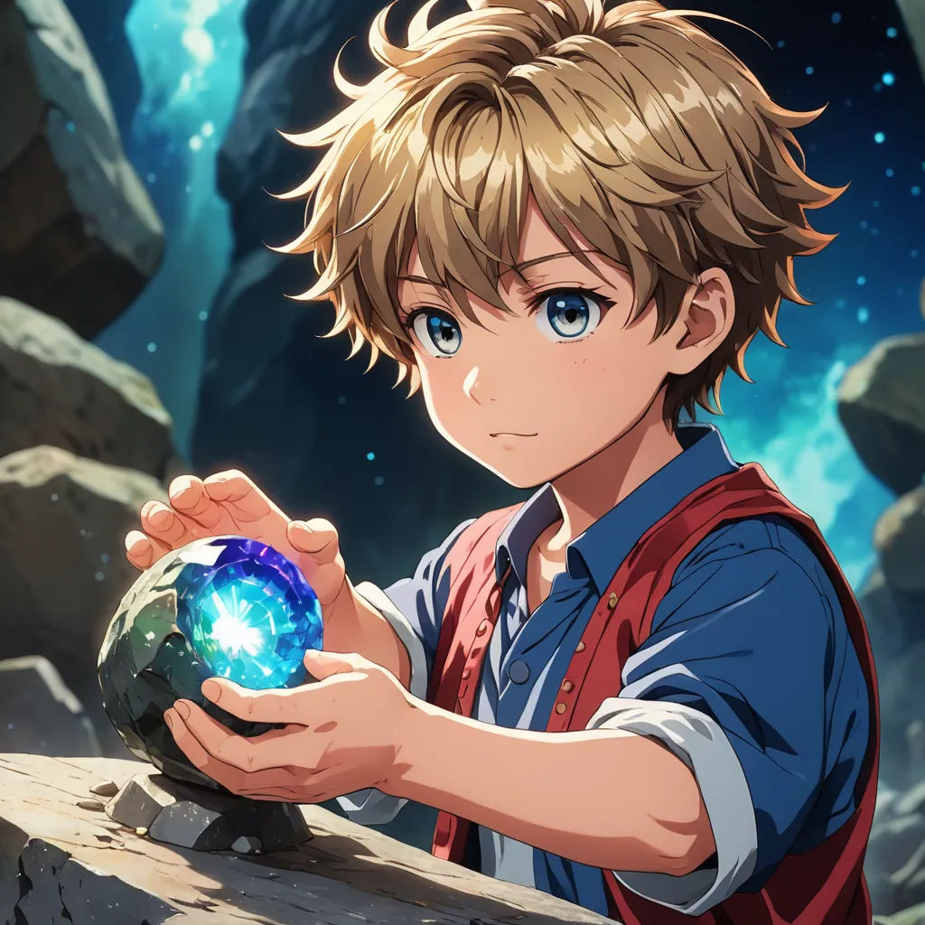 a boy holding a glowing ball in his hands with a mountain in the background in the foreground, and a rock in the foreground, sots art, concept art, Adam Manyoki, official art