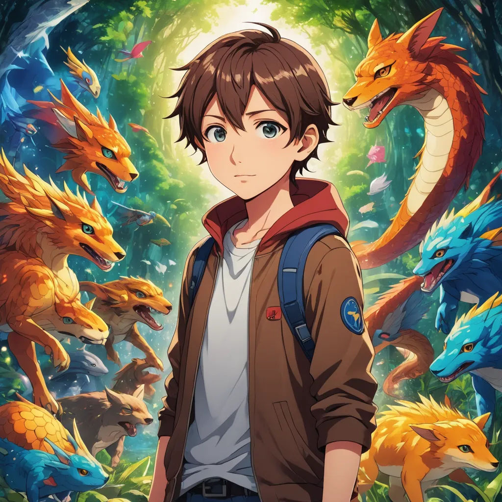 a boy standing in front of a bunch of dragon heads in a forest with a red hoodie on, sots art, poster art, Cedric Seaut (Keos Masons), anime key visual