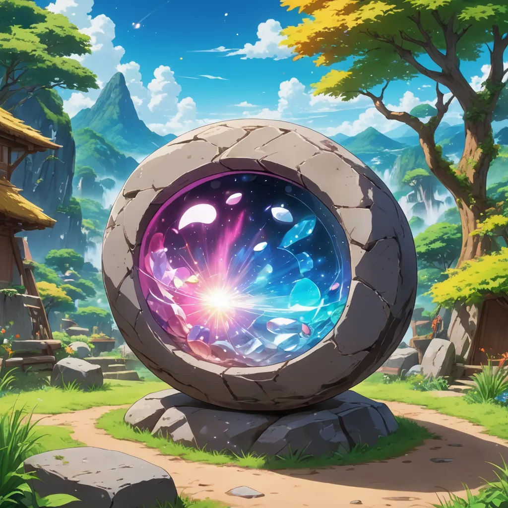 a cartoon scene of a stone ball in a forest with a sky background and trees and rocks in the foreground, fantasy art, concept art, Anton Fadeev, rossdraws global illumination