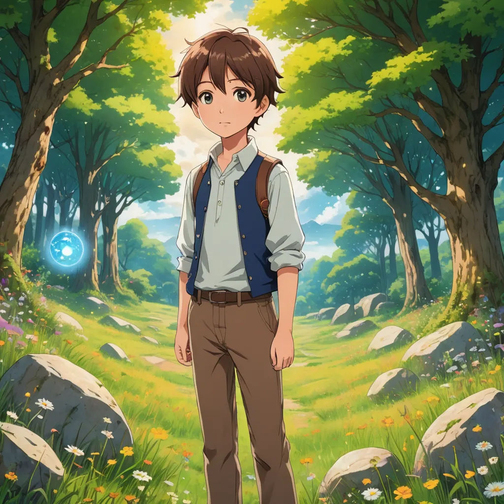 a man standing in a forest with a backpack on his back and a blue sky in the background with trees and grass, magical realism, a character portrait, Armin Hansen, official art