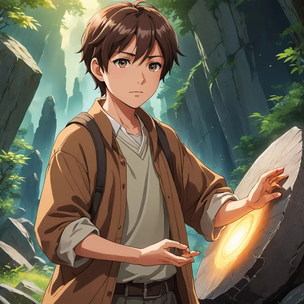 a man holding a glowing object in his hand in a forest setting with trees and rocks in the background, shock art, a character portrait, Adam Manyoki, official art