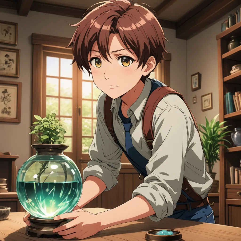 a man sitting at a table with a fish bowl in front of him and a plant in a vase, remodernism, a hologram, Anne Said, official art