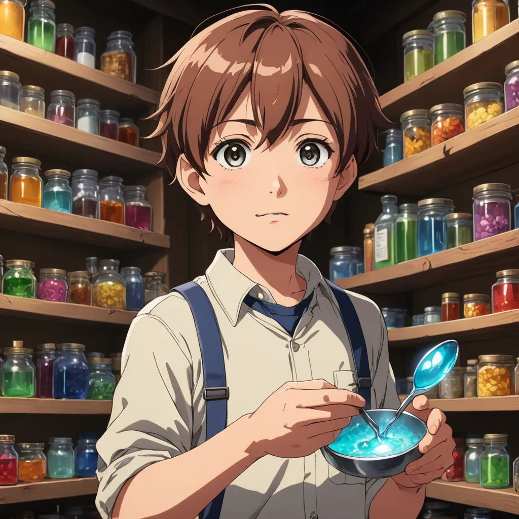 a man holding a spoon in front of a shelf of jars and jars with a blue liquid in it, remodernism, a character portrait, Adam Manyoki, official art