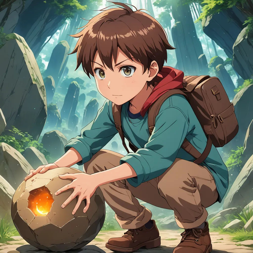 a boy kneeling down next to a stone ball in a forest with trees in the background and a rock in the foreground, environmental art, concept art, Adam Manyoki, official art