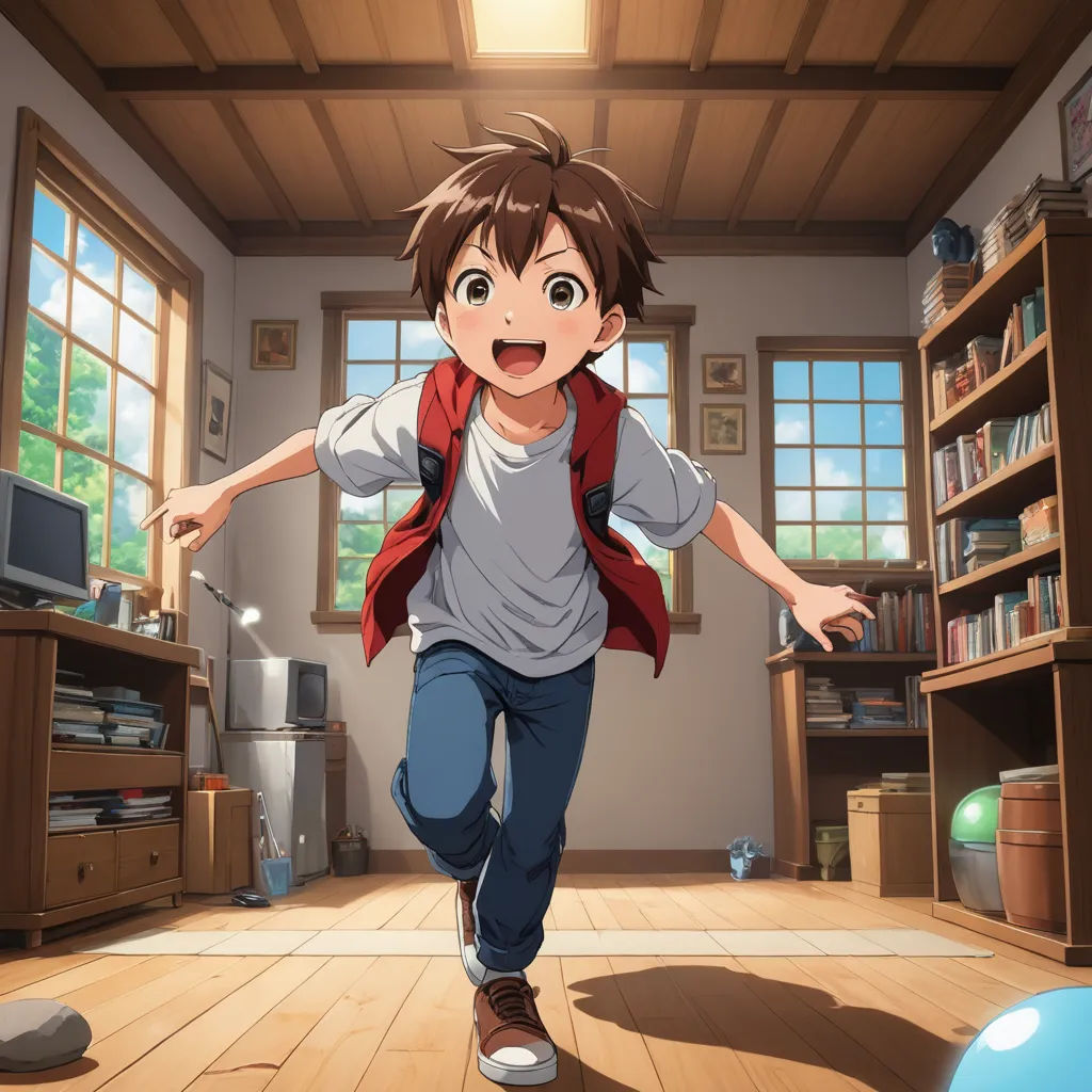 a boy running in a room with a book shelf and a tv on the wall behind him and a blue ball in the foreground, photorealism, concept art, Eizan Kikukawa, anime key visual