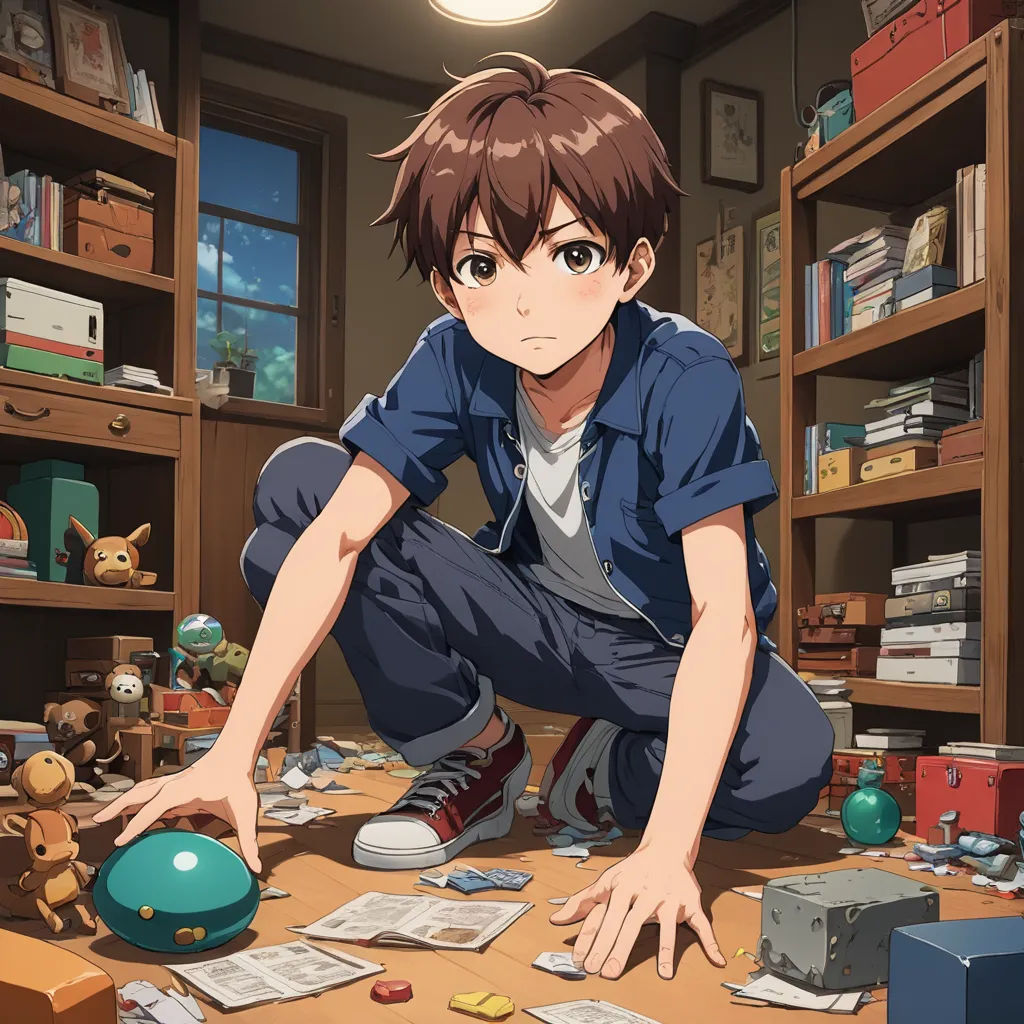 a boy kneeling down in front of a table with a ball and a box on it in a room with bookshelves, sots art, a character portrait, Cedric Seaut (Keos Masons), official art