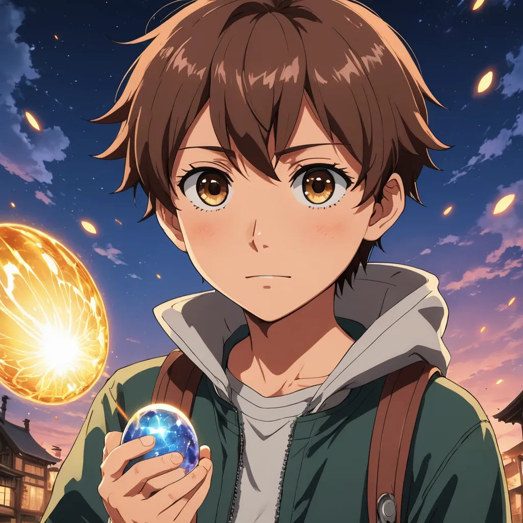 a young man holding a crystal ball in his hand and looking at the camera with a sky background and clouds, shock art, poster art, Aguri Uchida, official art