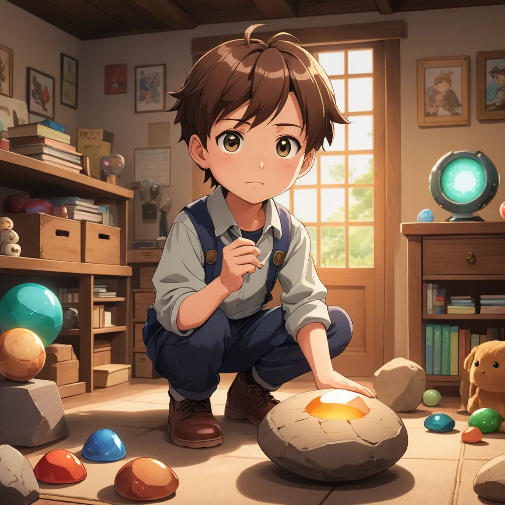 a boy kneeling down in front of a ball of colored rocks and a teddy bear in a room with a window, shock art, concept art, Adam Manyoki, official art