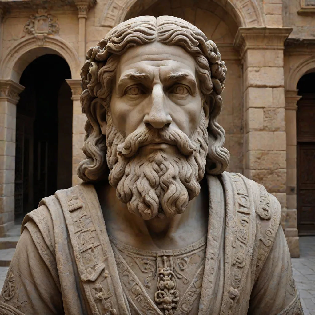 a statue of a man with a beard and a beard in front of a building with arches and arches, sculpture, romanesque, a marble sculpture, Dionisius