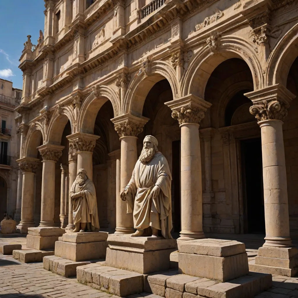 a statue of a man with a beard and a beard in front of a building with arches and pillars, tone mapping, romanesque, a statue, Apelles