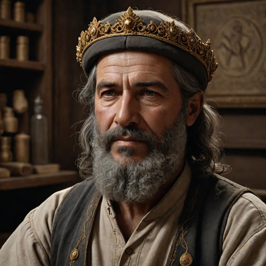 a man with a beard and a crown on his head in a room with shelves and jars on the wall, weta digital, photorealism, a character portrait, Altoon Sultan