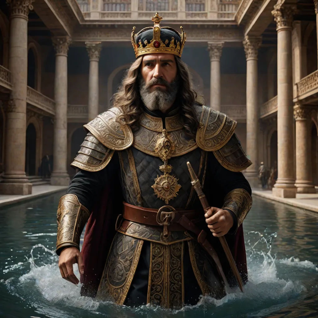a man in a crown and armor standing in water with a sword in his hand and a sword in his hand, promotional image, romanesque, a detailed matte painting, Edward Otho Cresap Ord, II