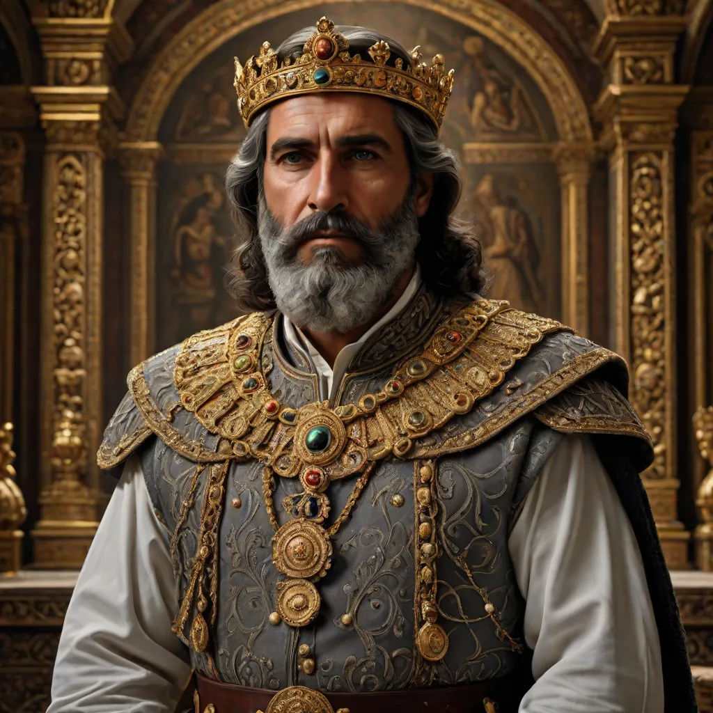 a man in a crown and a suit of armor with a beard and a beard mustache, standing in front of a golden wall, weta digital, qajar art, a character portrait, Altoon Sultan