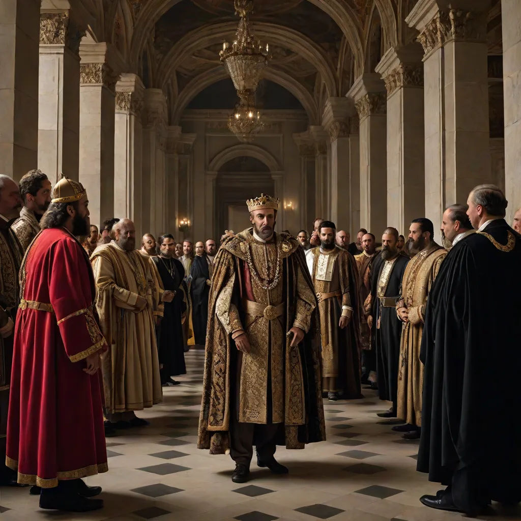 a group of men in renaissance clothing standing in a hall with other men in robes and gowns on, promotional image, renaissance, a flemish Baroque, Andrei Rublev