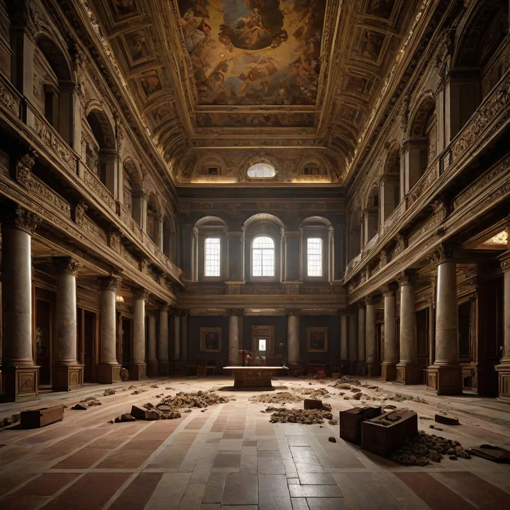 a large room with a lot of rubble on the floor and a painting on the ceiling above it that is half torn apart, photorealistic lighting, neoclassicism, a detailed matte painting, Andreas Gursky