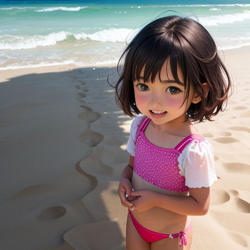 a little girl in a pink bikini standing on a beach next to the ocean and waves crashing in to shore