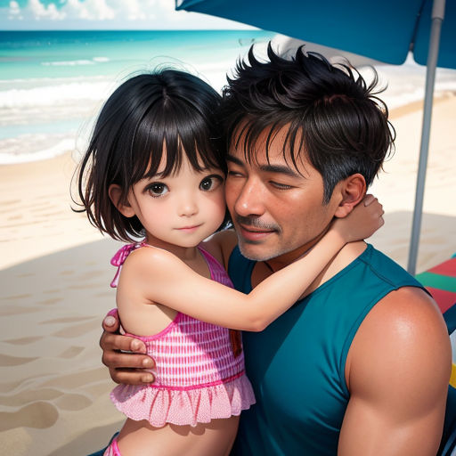 a man and a little girl are on the beach under an umbrella and a chair with a blue umbrella