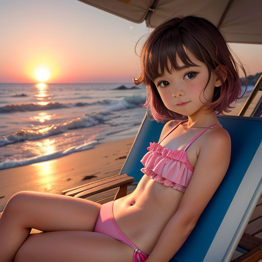 a girl in a bikini sitting on a beach chair at sunset with the sun setting behind her and the ocean in the background