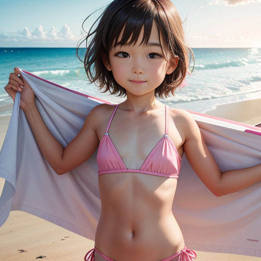 a young girl in a bikini holding a pink sheet on the beach with the ocean in the background and a blue sky