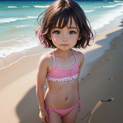 a little girl in a pink bikini standing on a beach next to the ocean with waves crashing in the background