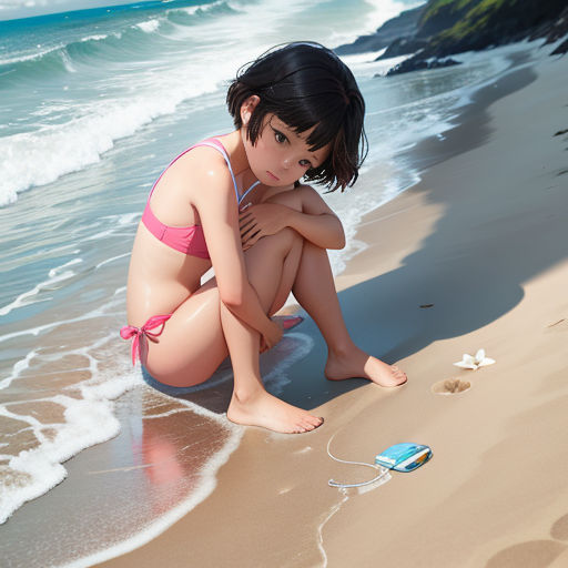 a girl in a bikini sitting on the beach next to a toy boat and a bottle of water on the sand