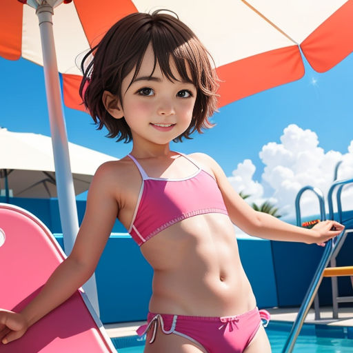 a little girl in a pink bikini standing next to a pool with an umbrella over her head and a pink and white chair