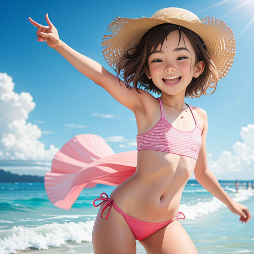 a young girl in a bikini and hat on the beach with her arms out in the air and her arms out in the air