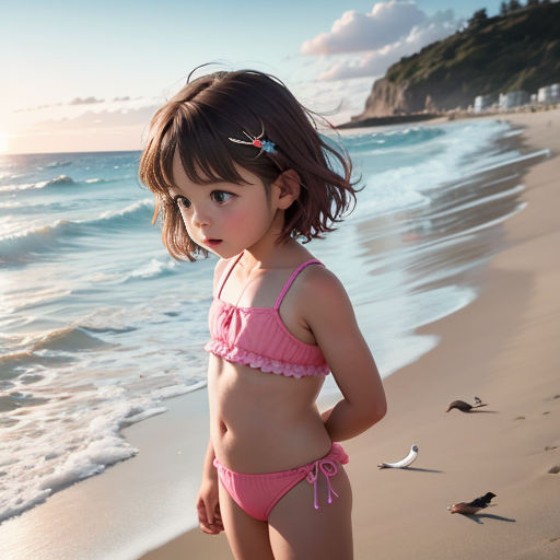 a little girl in a pink bikini standing on a beach next to the ocean with waves crashing in the background