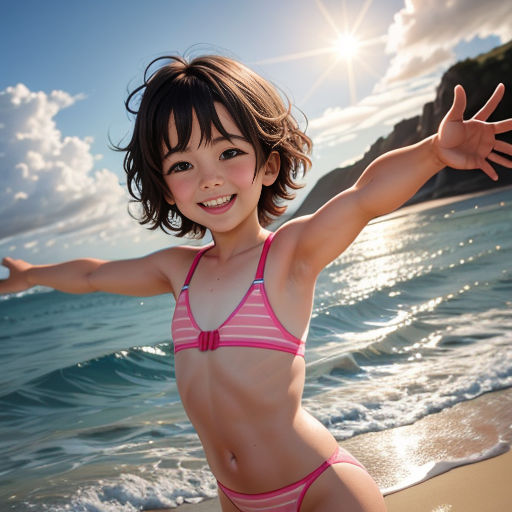 a little girl in a pink bikini on the beach with her arms out and arms outstretched in the air