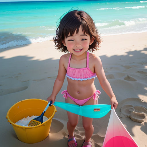 a little girl in a bikini holding a paddle and a bucket on the beach with a blue and pink paddle