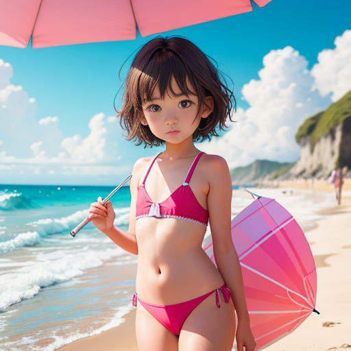 a little girl in a bikini holding a pink umbrella on a beach with a blue sky and ocean in the background