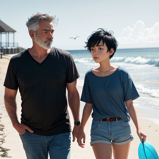 a man and a woman walking on the beach with a frisbee in hand and a bird flying over the water