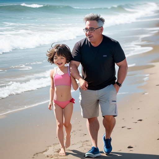a man and a little girl walking on the beach together, holding hands and smiling at the camera,