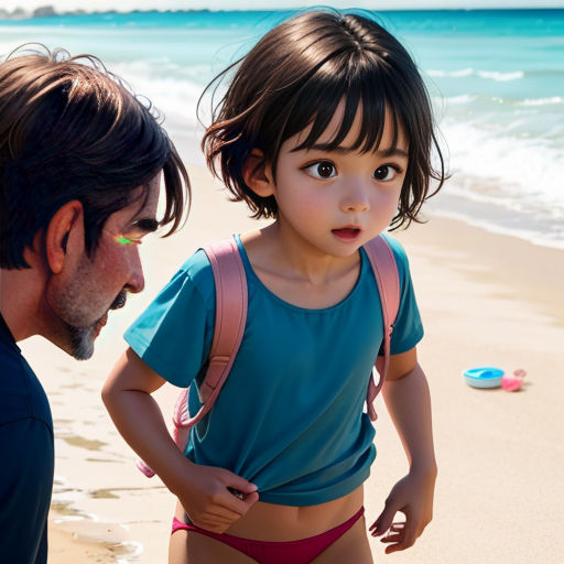 a man and a little girl on the beach looking at each other with a surprised look on their face