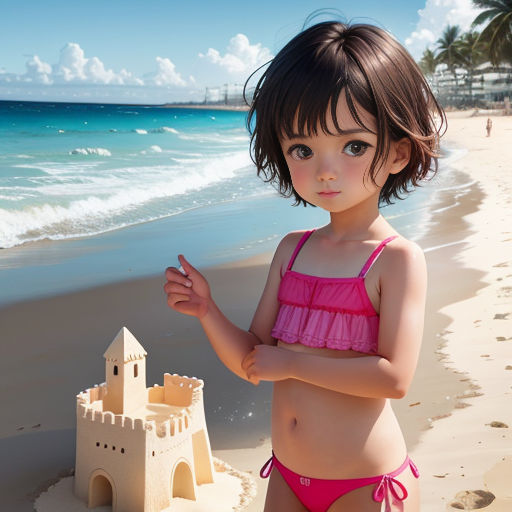 a little girl in a pink bikini standing next to a sand castle on the beach with a blue sky in the background