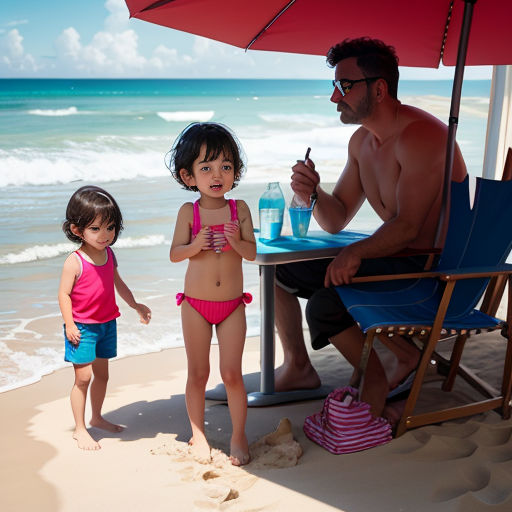 a man and two children on the beach with an umbrella and a table with a drink in it and a bottle of water