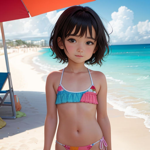 a little girl in a bikini standing on a beach next to the ocean with an umbrella over her head