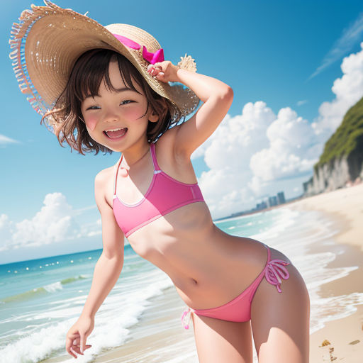 a little girl in a pink bikini and a straw hat on the beach with the ocean in the background