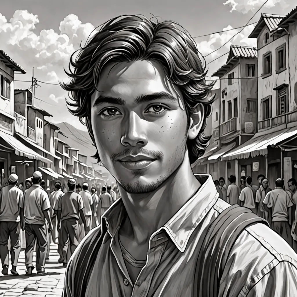 a man standing in front of a crowd of people on a street with buildings in the background and a sky with clouds, magical realism, a character portrait, Drew Struzan, graphic novel