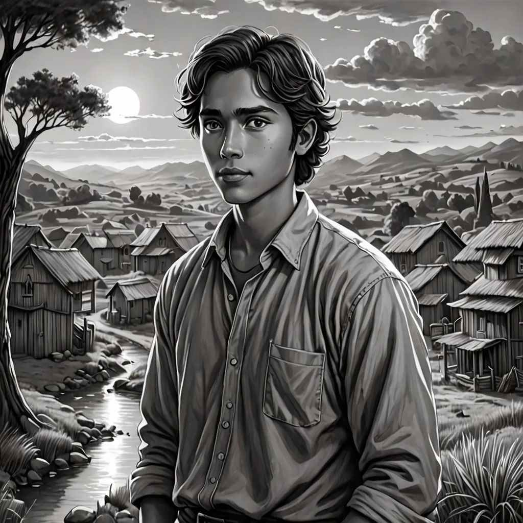 a man standing in front of a painting of a village and a river with houses on it and a full moon in the sky, magical realism, a character portrait, Eddie Mendoza, character portrait
